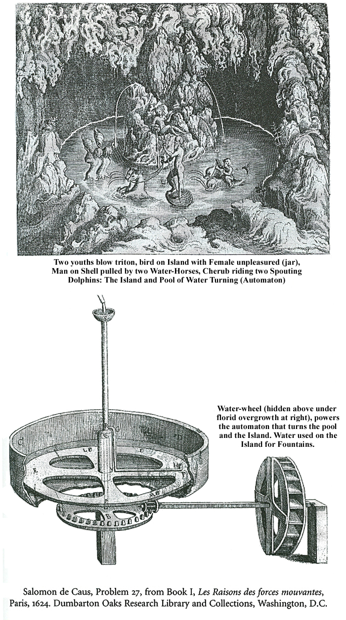 Water wheel powered automaton turns Island+pool